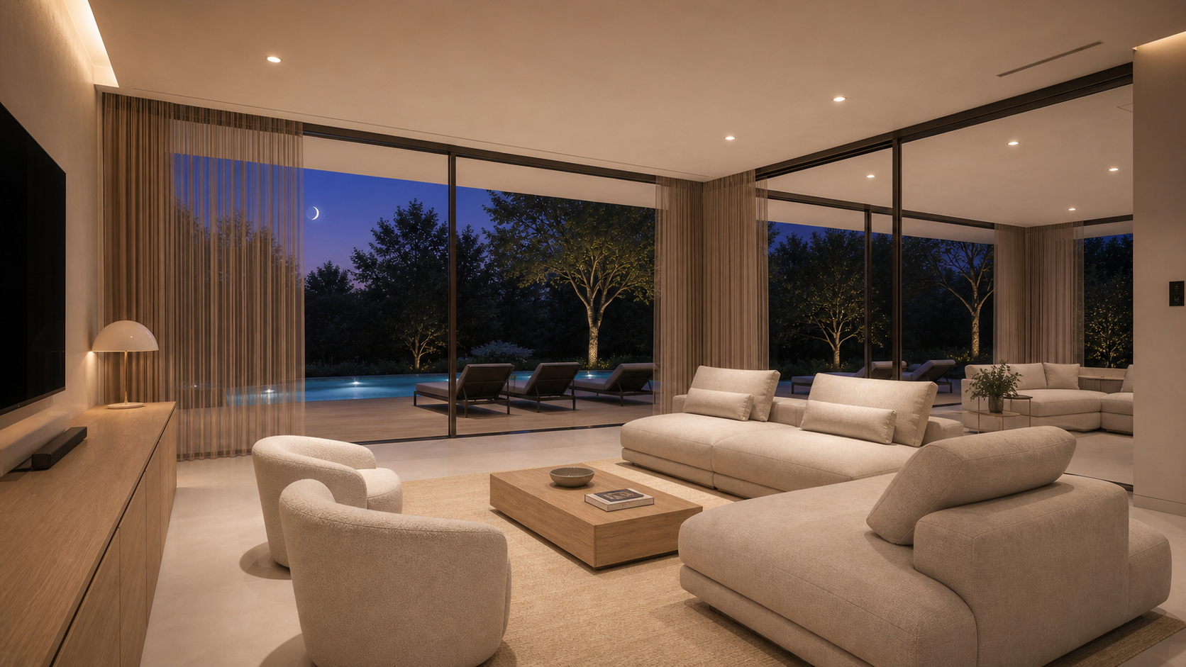Living contemporaneo con vista piscina