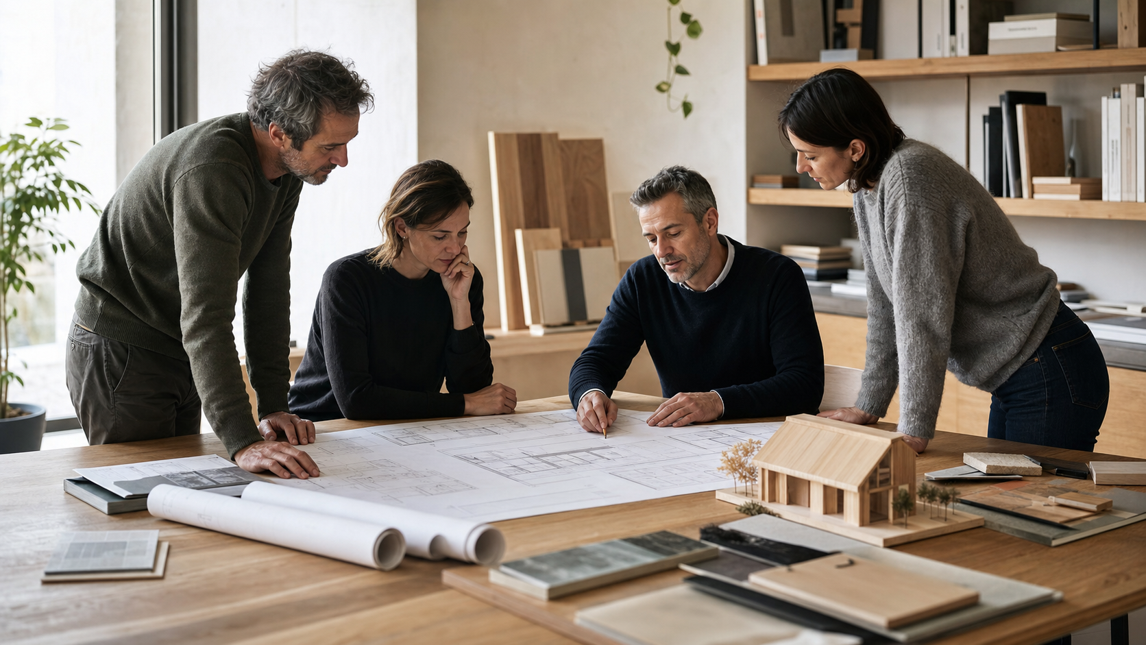 Progettisti al lavoro su piante e materiali per una casa in legno