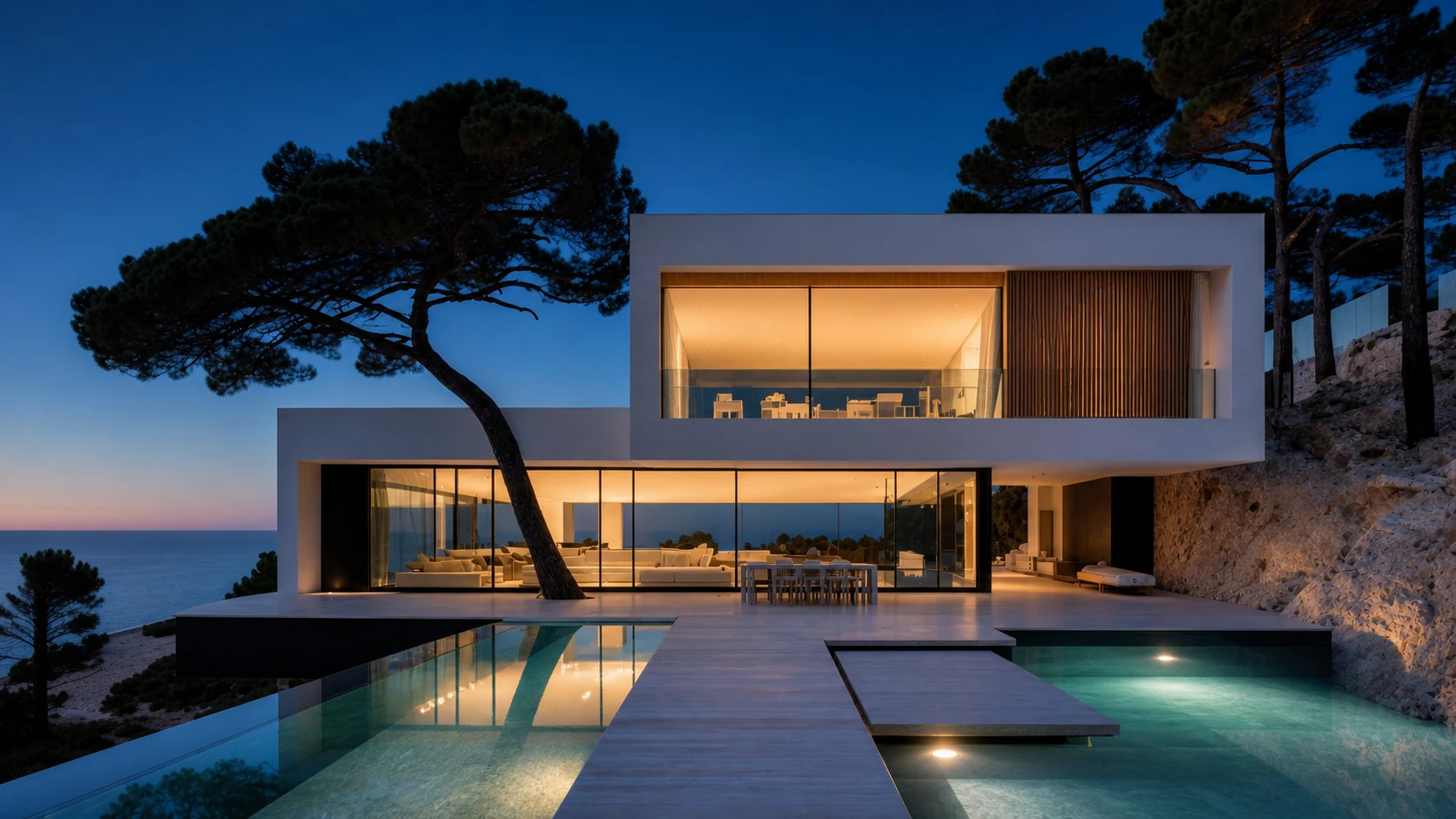Villa Orizzonte, fronte piscina al crepuscolo