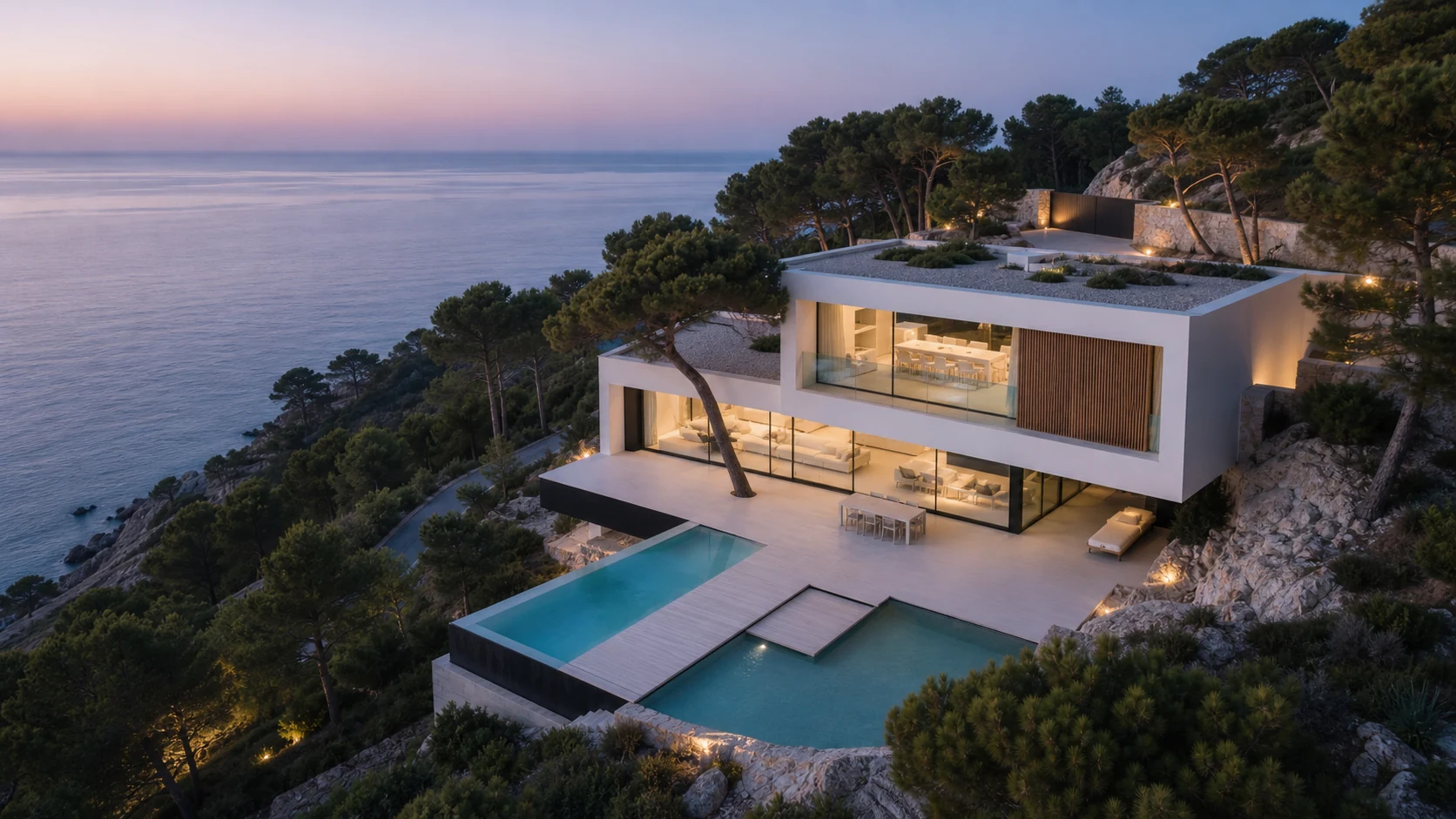 Vista aerea di Villa Orizzonte inserita nel pendio