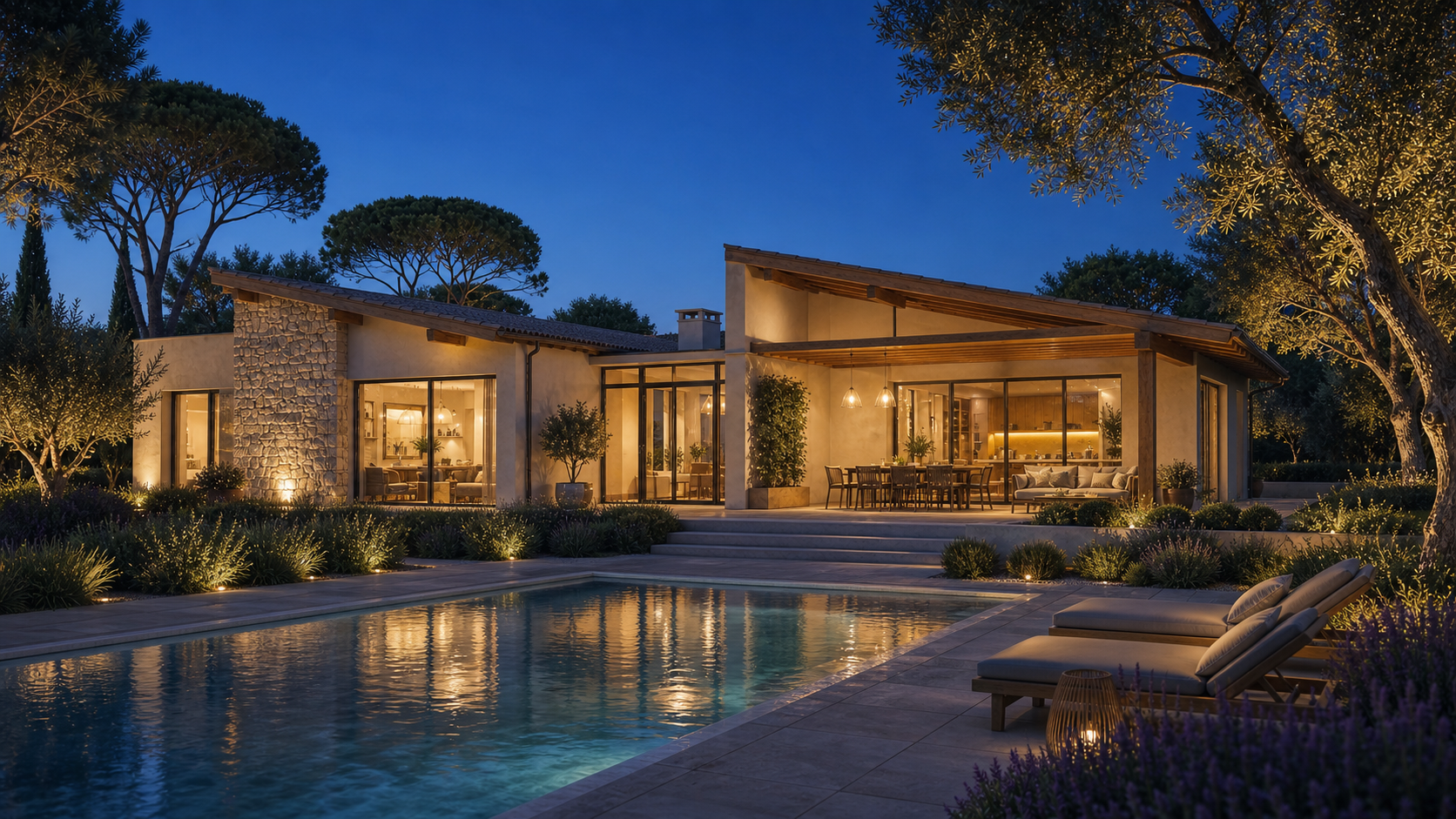 Villa Brezza, portico e piscina all'ora blu