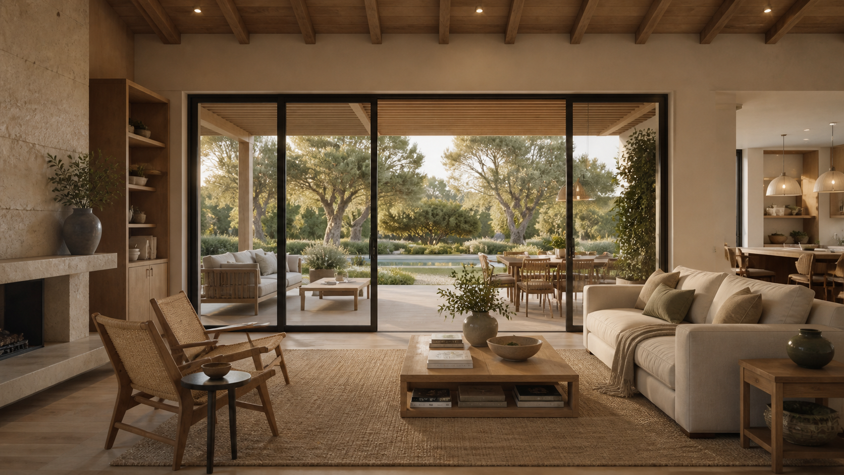 Living open space di Villa Brezza con vista sulla piscina