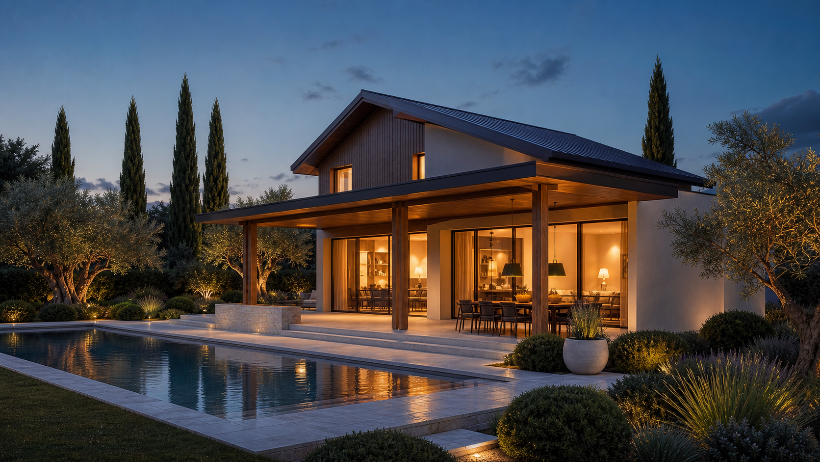 Villa Levante, portico e piscina all'ora blu