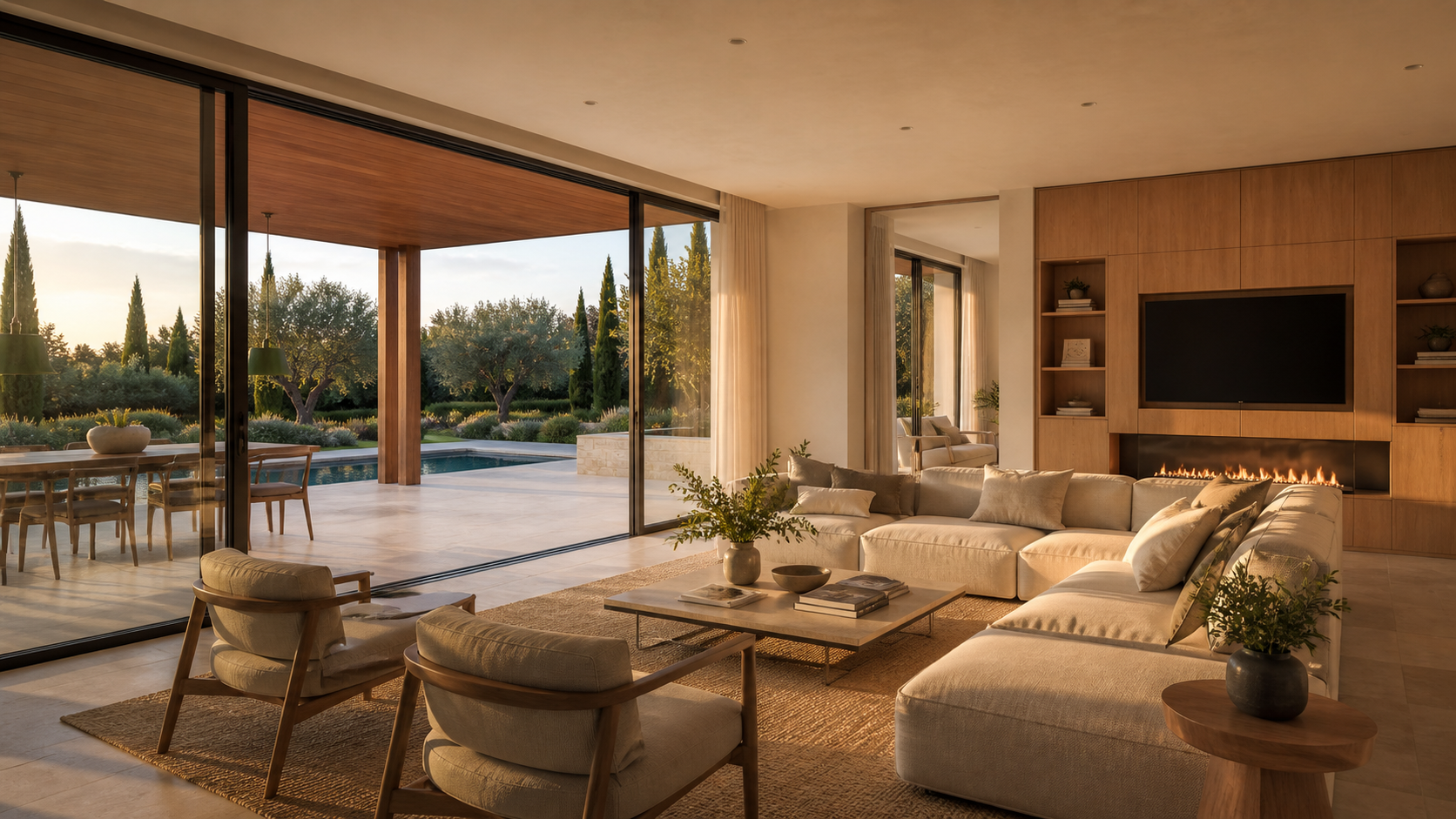 Living open space di Villa Levante con vista sulla piscina