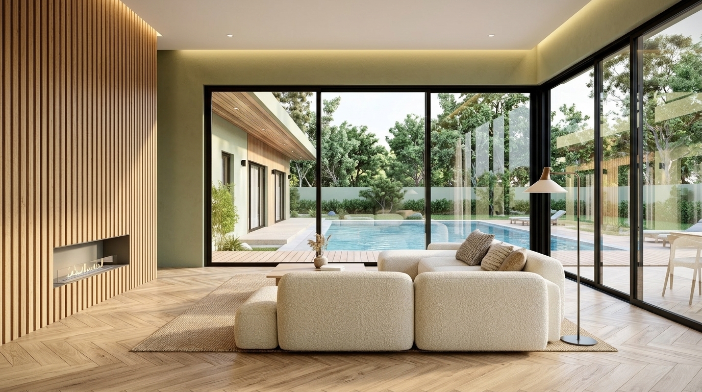 Living open space di Villa Luce affacciato sulla piscina