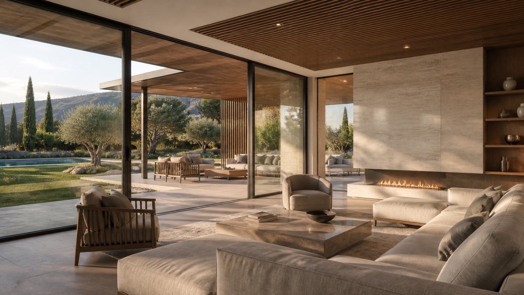 Living open space di Villa Soglia con vista sulla piscina