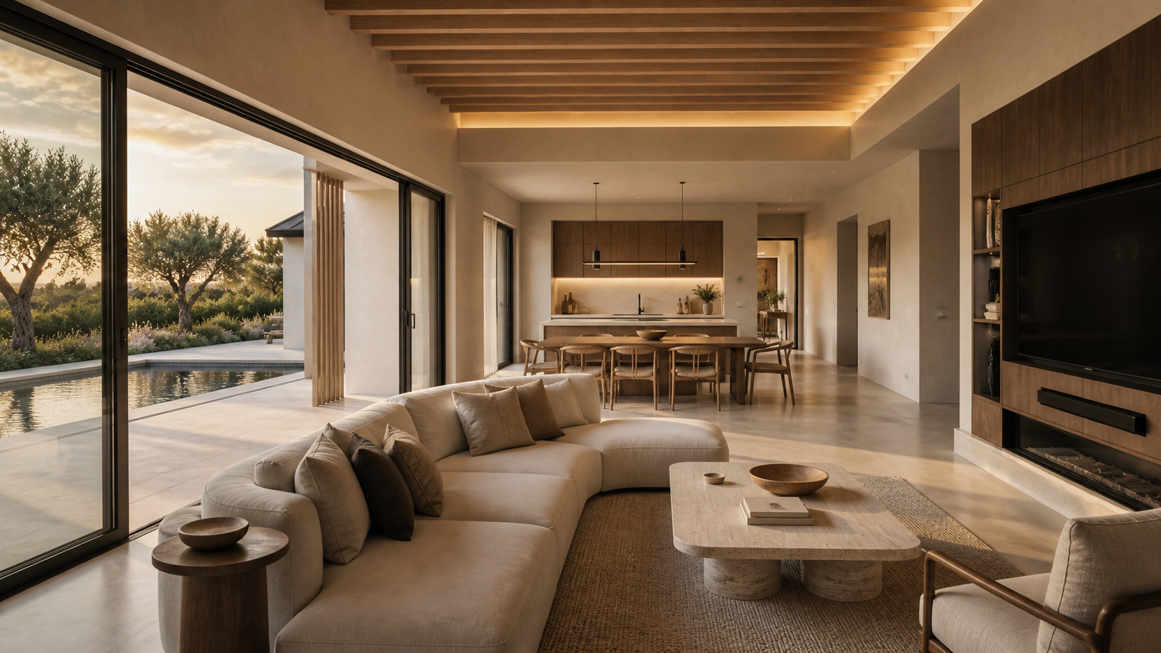 Living open space di Villa Ulivo con vista sulla piscina