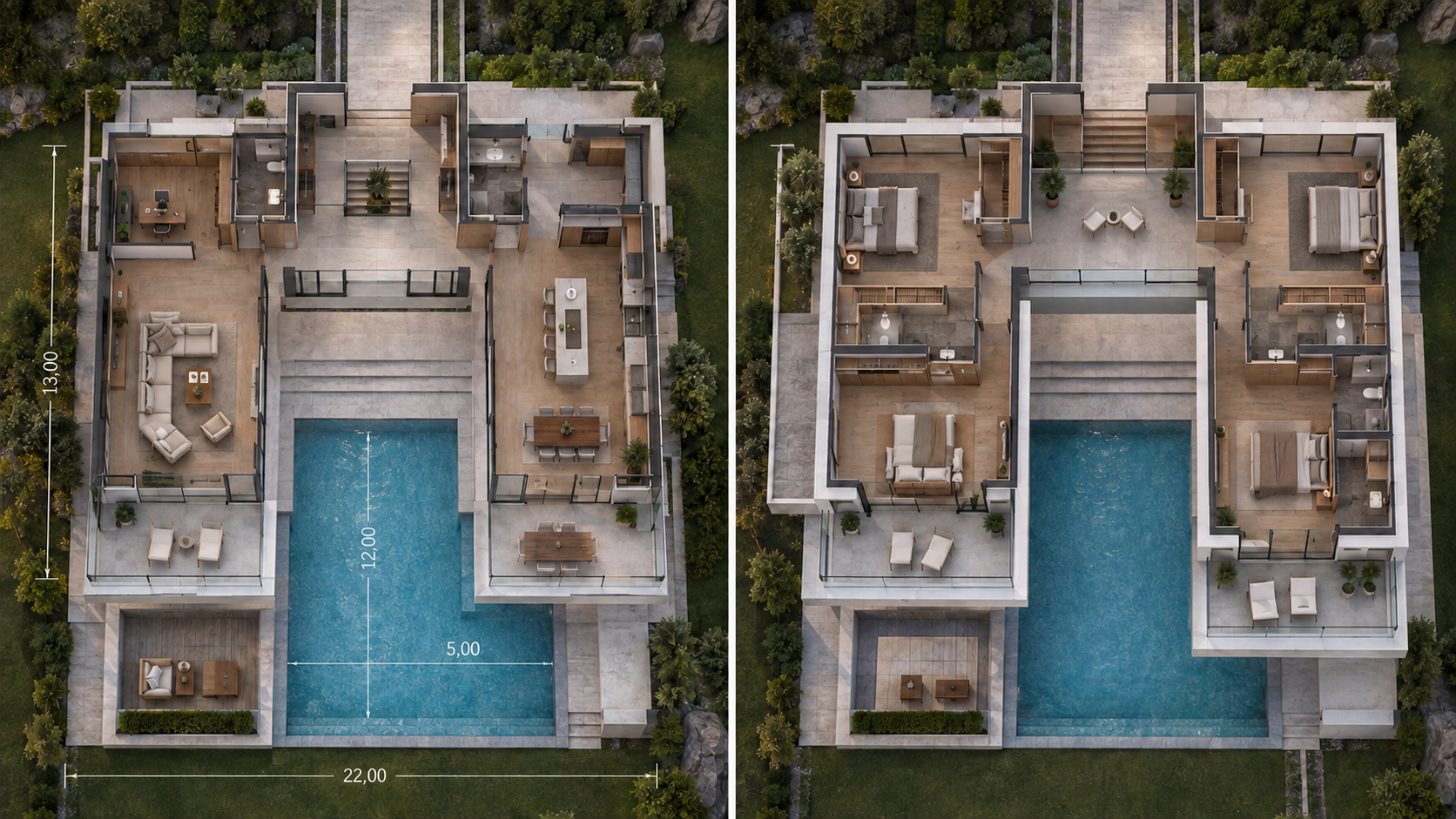 Planimetrie tridimensionali di Villa Abbraccio con quote tecniche