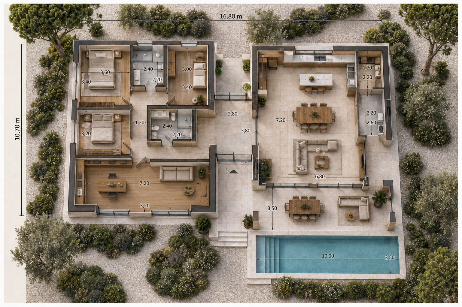 Tavola tecnica di Villa Brezza con planimetria tridimensionale e quote tecniche