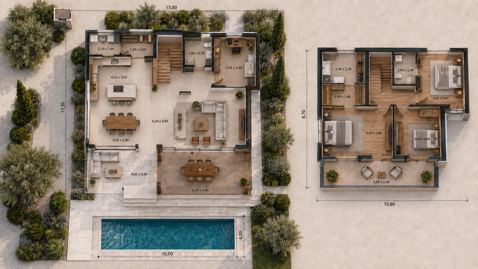 Tavola tecnica di Villa Levante con planimetria tridimensionale e quote tecniche