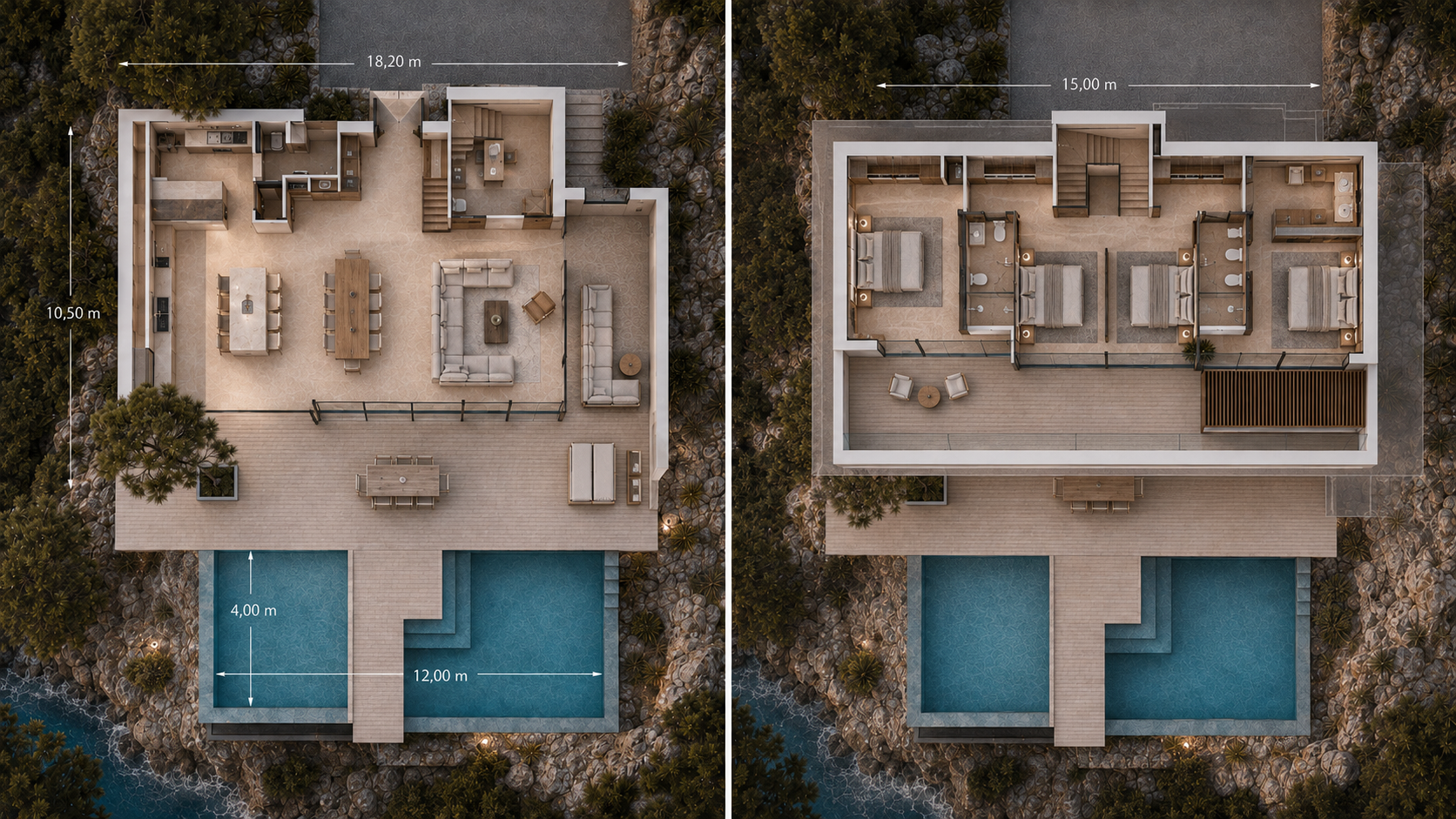 Planimetrie tridimensionali di Villa Orizzonte con quote tecniche