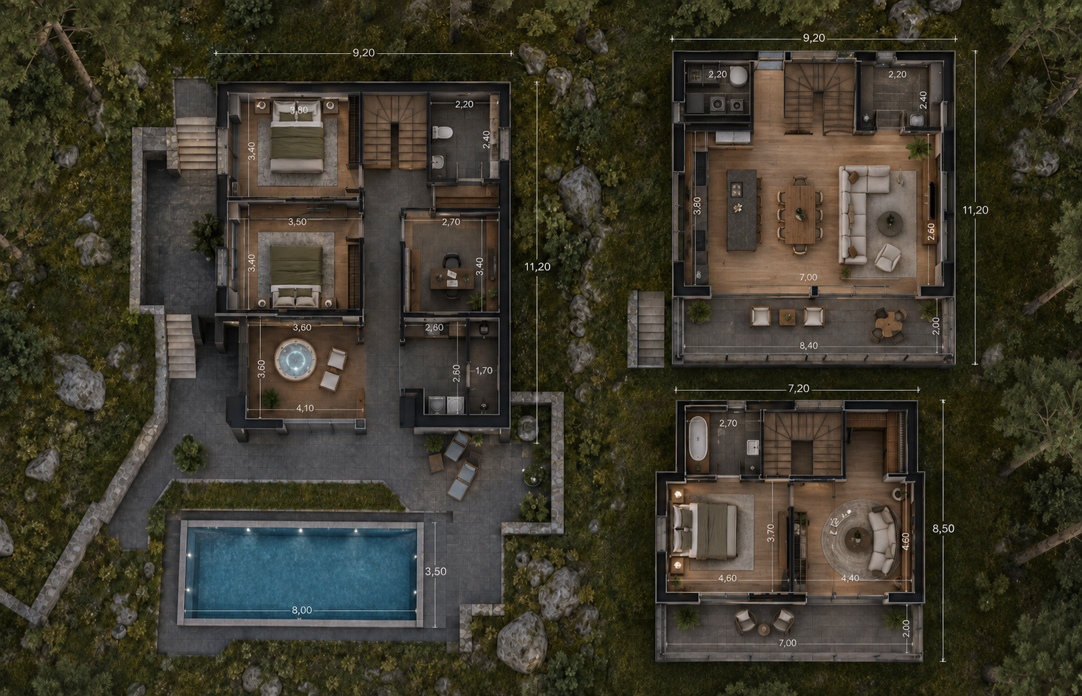 Planimetrie tridimensionali di Villa Pino Alto con quote tecniche