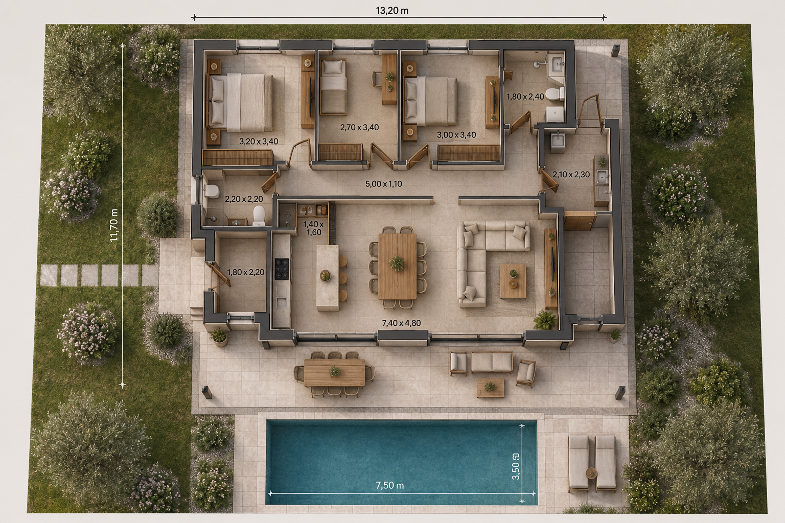 Tavola tecnica di Villa Quiete con planimetria e dati di concept