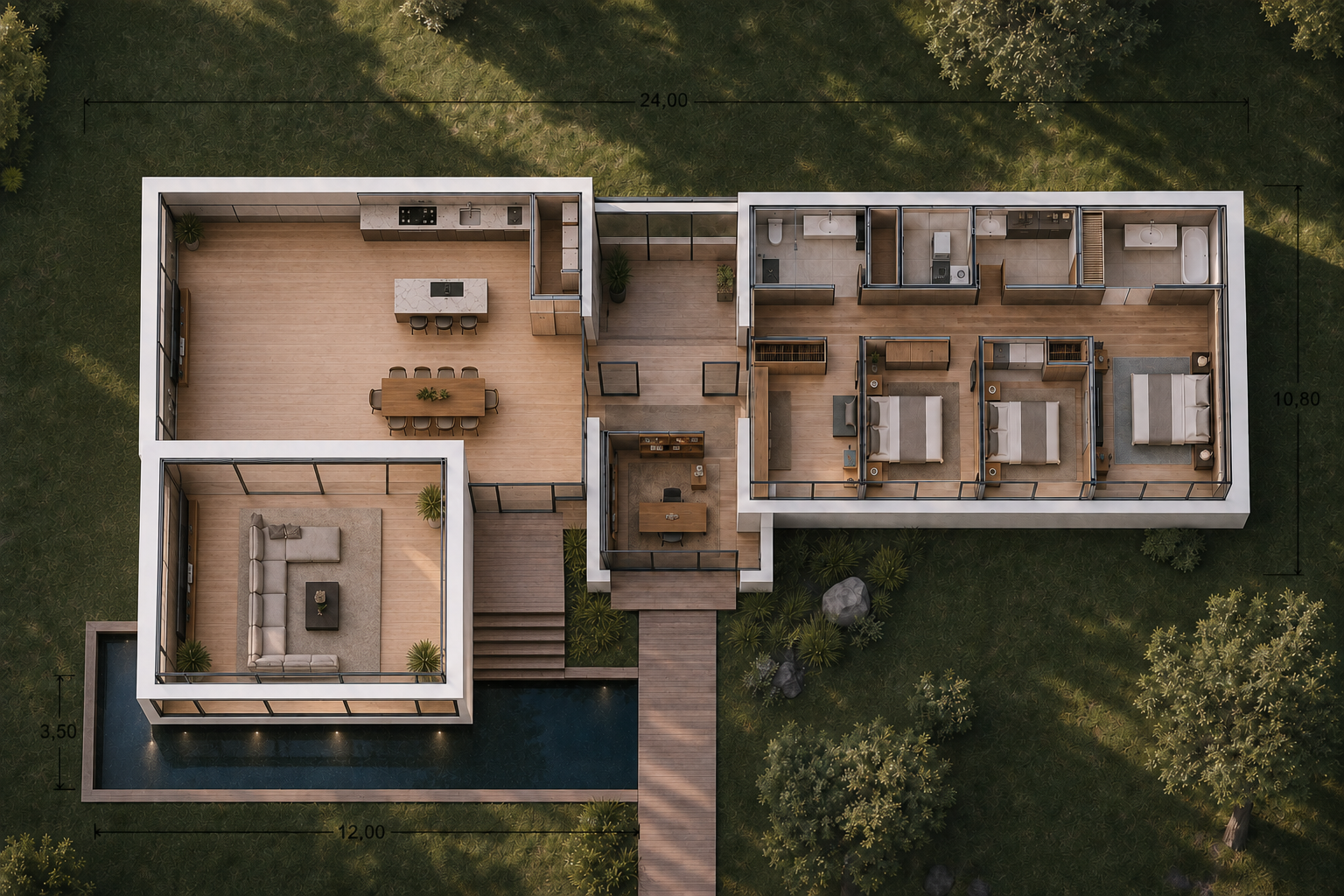 Planimetria tridimensionale di Villa Specchio con quote tecniche