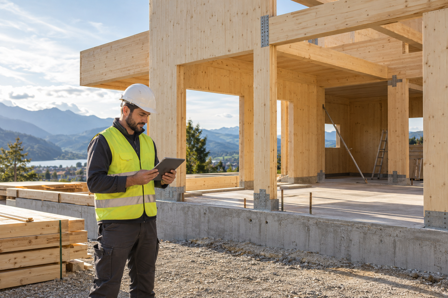 Tecnico con tablet in un cantiere di una casa in legno X-LAM