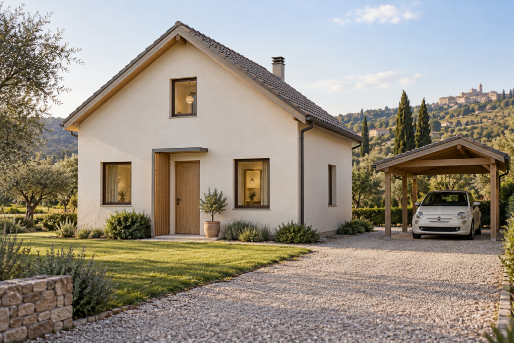 Casa Nido Alto, casa in legno con tetto a falde e posto auto coperto separato