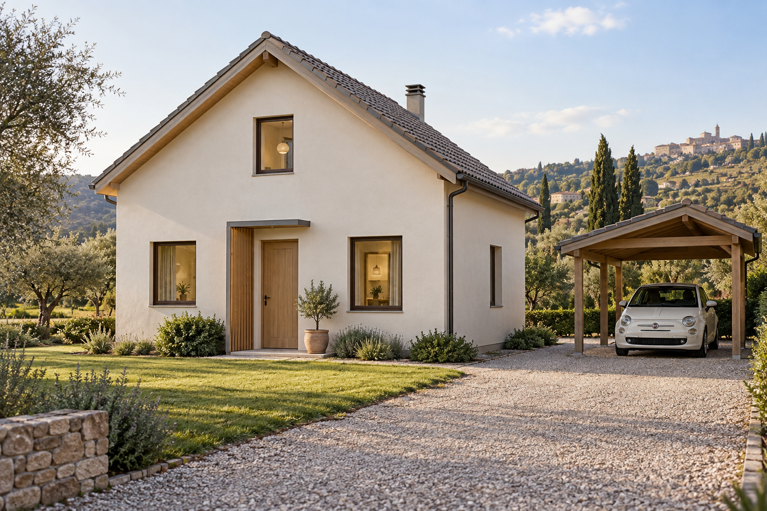 Casa Nido Alto: casa in legno con tetto a falde e posto auto coperto separato