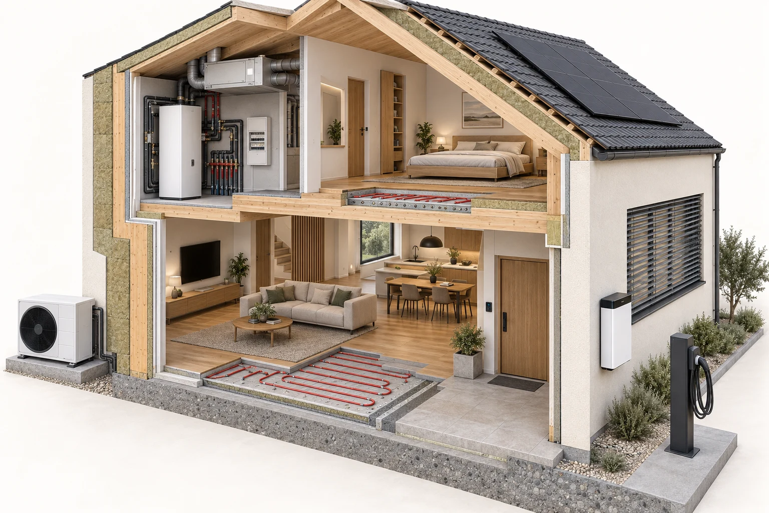 Render illustrativo di casa X-LAM sezionata con tetto ventilato, radiante, VMC, pompa di calore, accumulo e ricarica auto