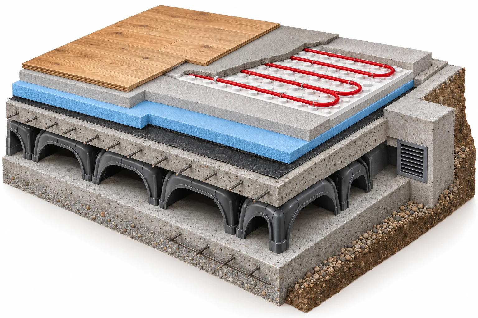 Render illustrativo: Dal vespaio aerato al parquet.