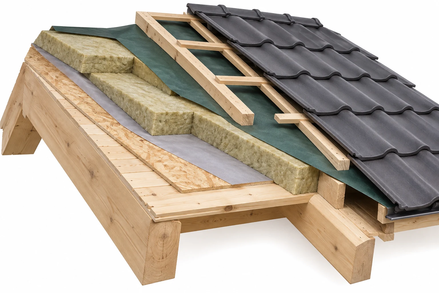 Render illustrativo del tetto ventilato con legno, lana di roccia, membrane e tegole