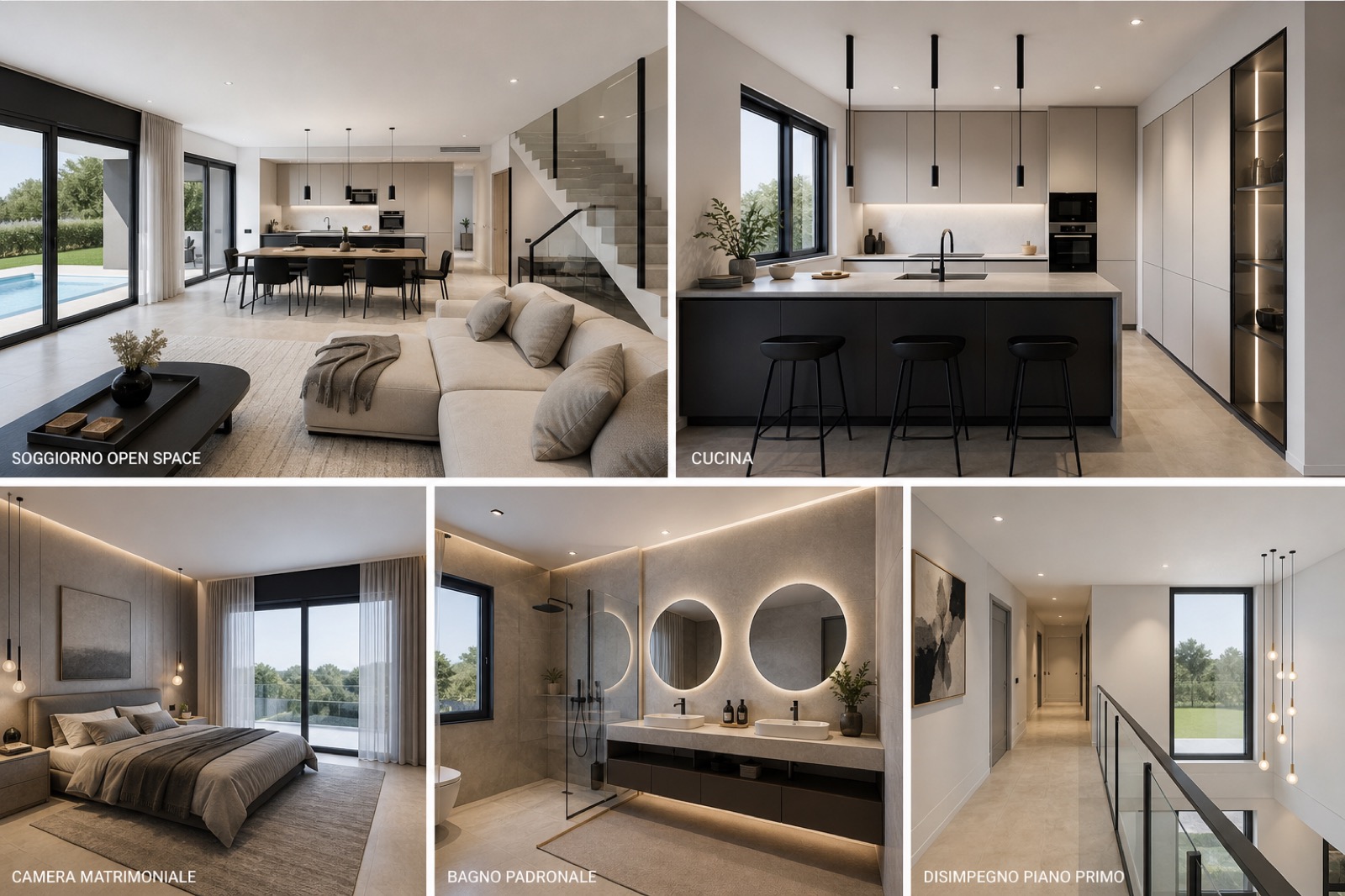 Villa Oasi, proposta di interni con soggiorno, cucina, camera e bagno