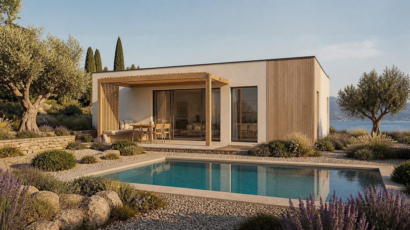 Villa Duna, casa a un piano con patio pergolato e giardino mediterraneo
