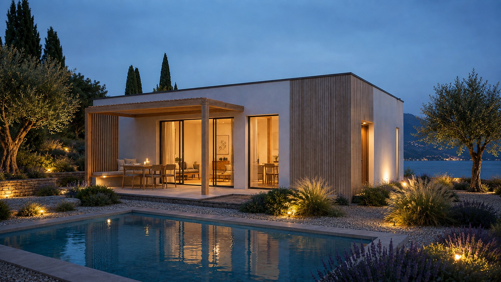 Villa Duna illuminata alla sera con pergolato e piscina