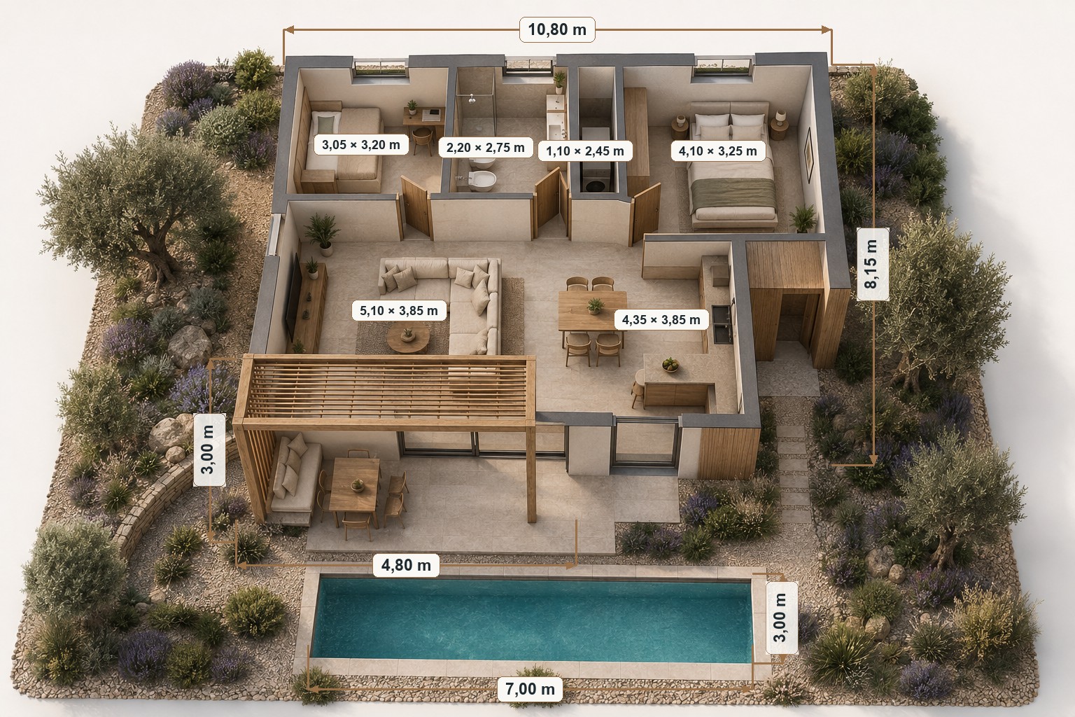 Planimetria 3D quotata di Villa Duna con due camere, un bagno, pergolato, giardino e piscina