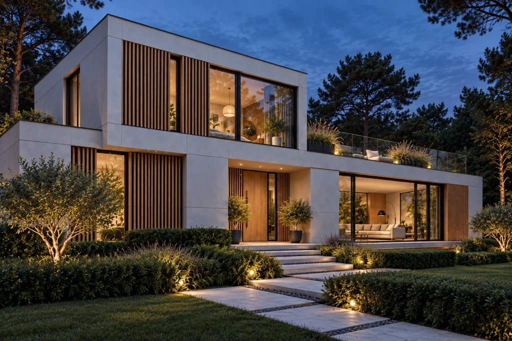Villa Fronda 280, vista a tre quarti al crepuscolo nella linea Signature