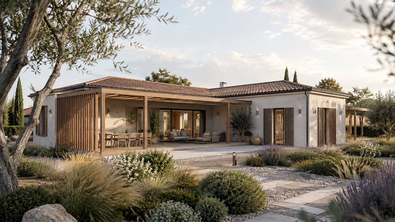 Villa Gelsomino, casa a L su un piano con tetto a padiglione e pergola