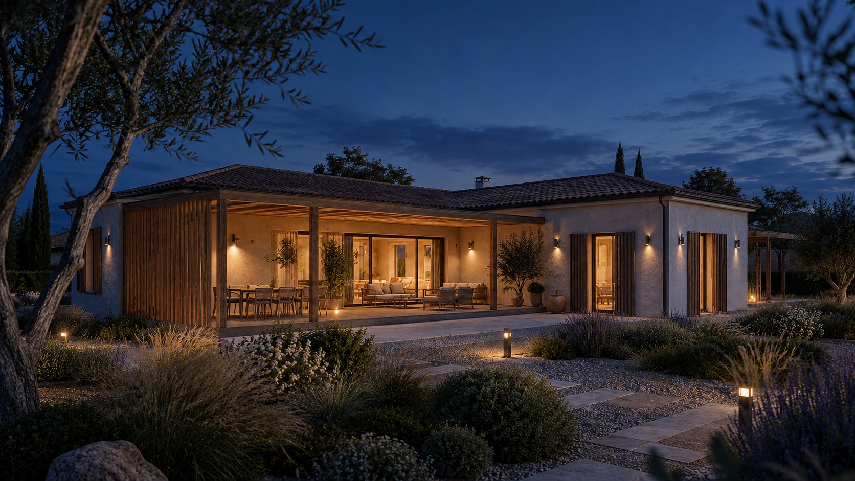 Villa Gelsomino illuminata alla sera, vista dalla pergola principale
