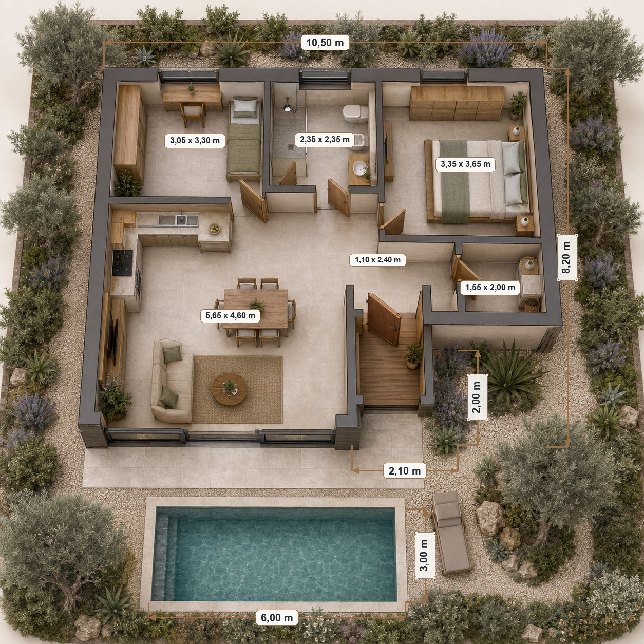 Planimetria 3D quotata di Villa Nido con due camere, un bagno, ingresso arretrato, giardino e piscina