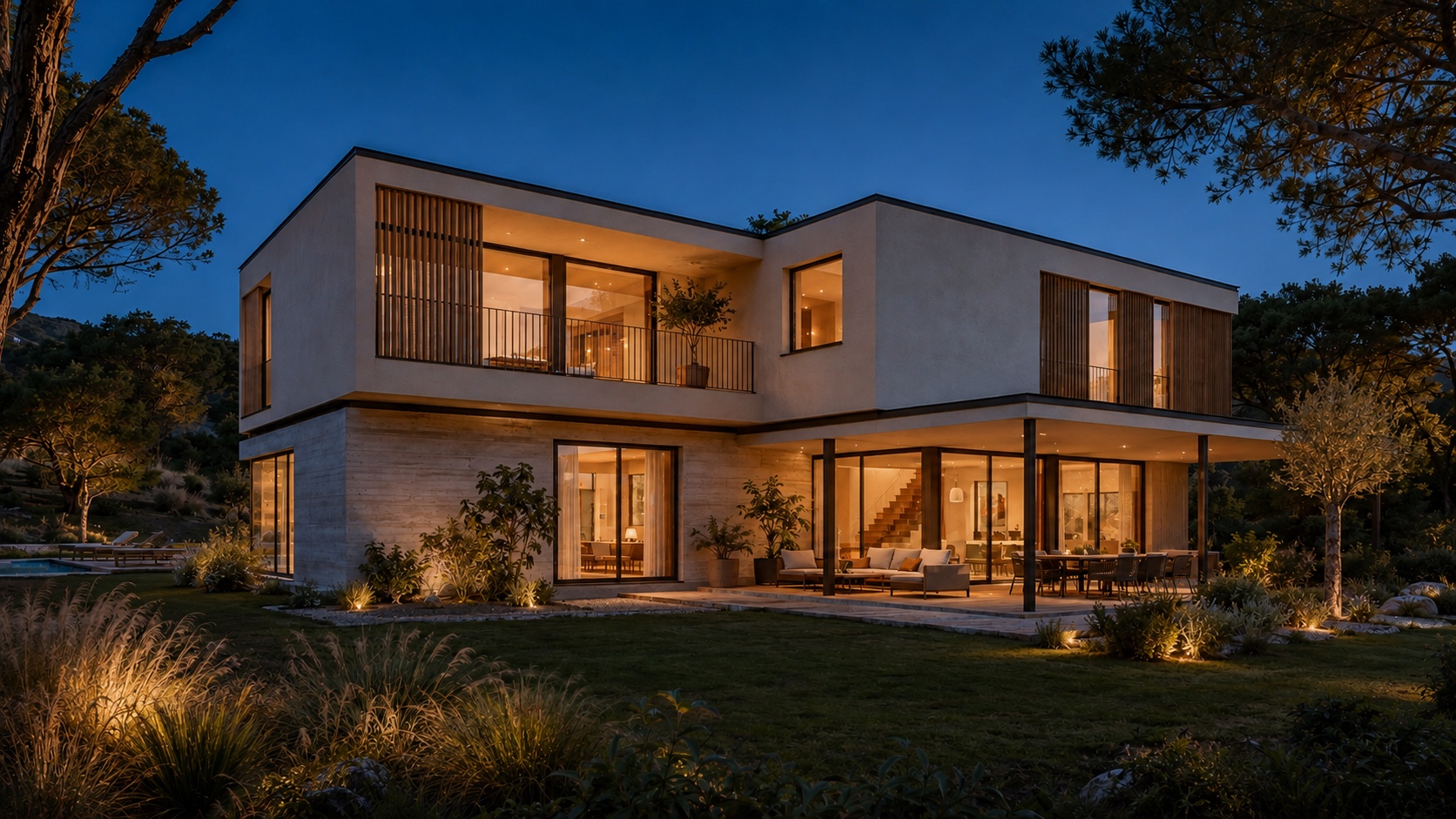 Villa Trama Grande illuminata alla sera, con loggia e terrazza coperta a L