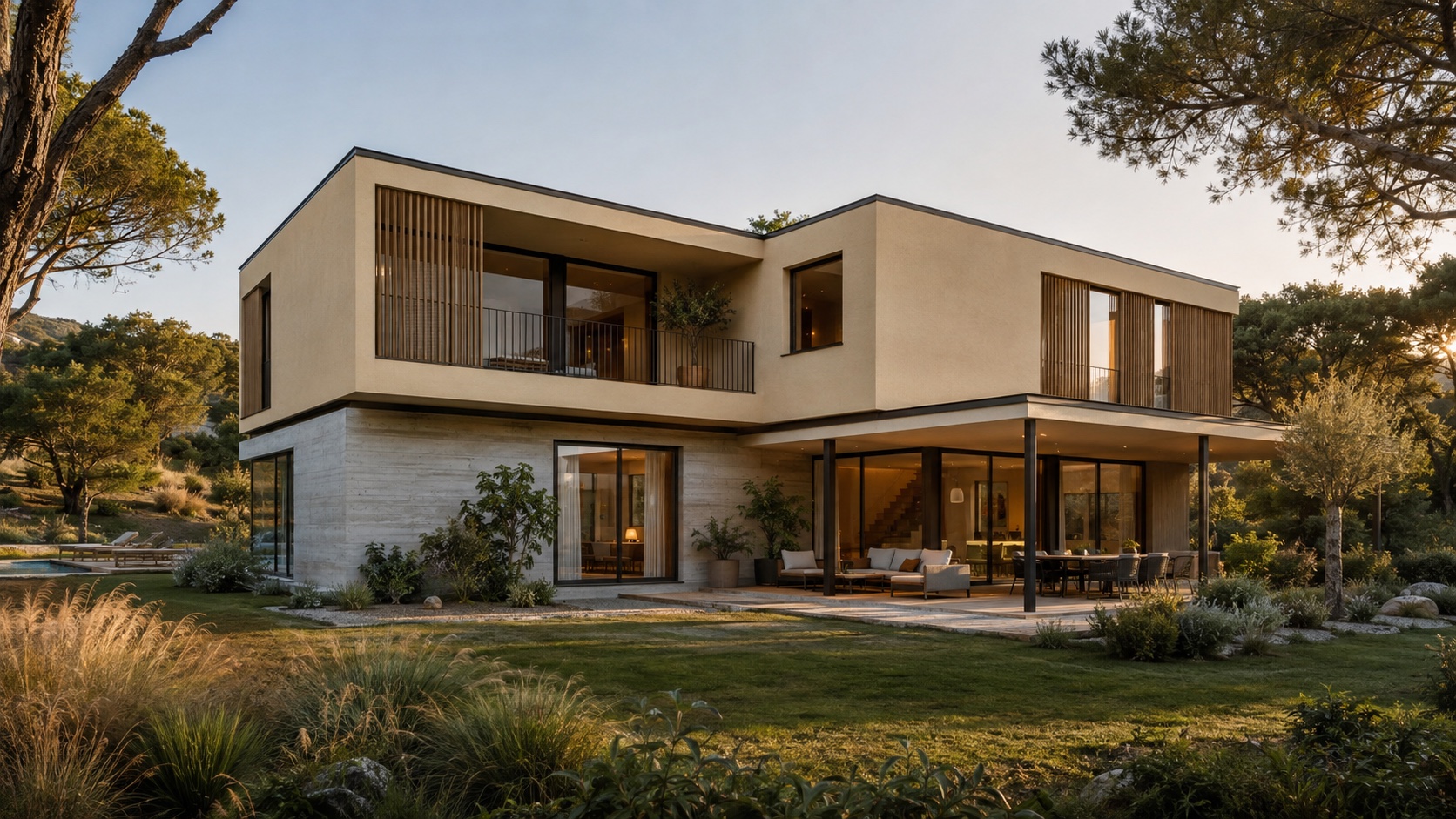 Villa Trama Grande, casa contemporanea su due piani con volumi sfalsati e loggia