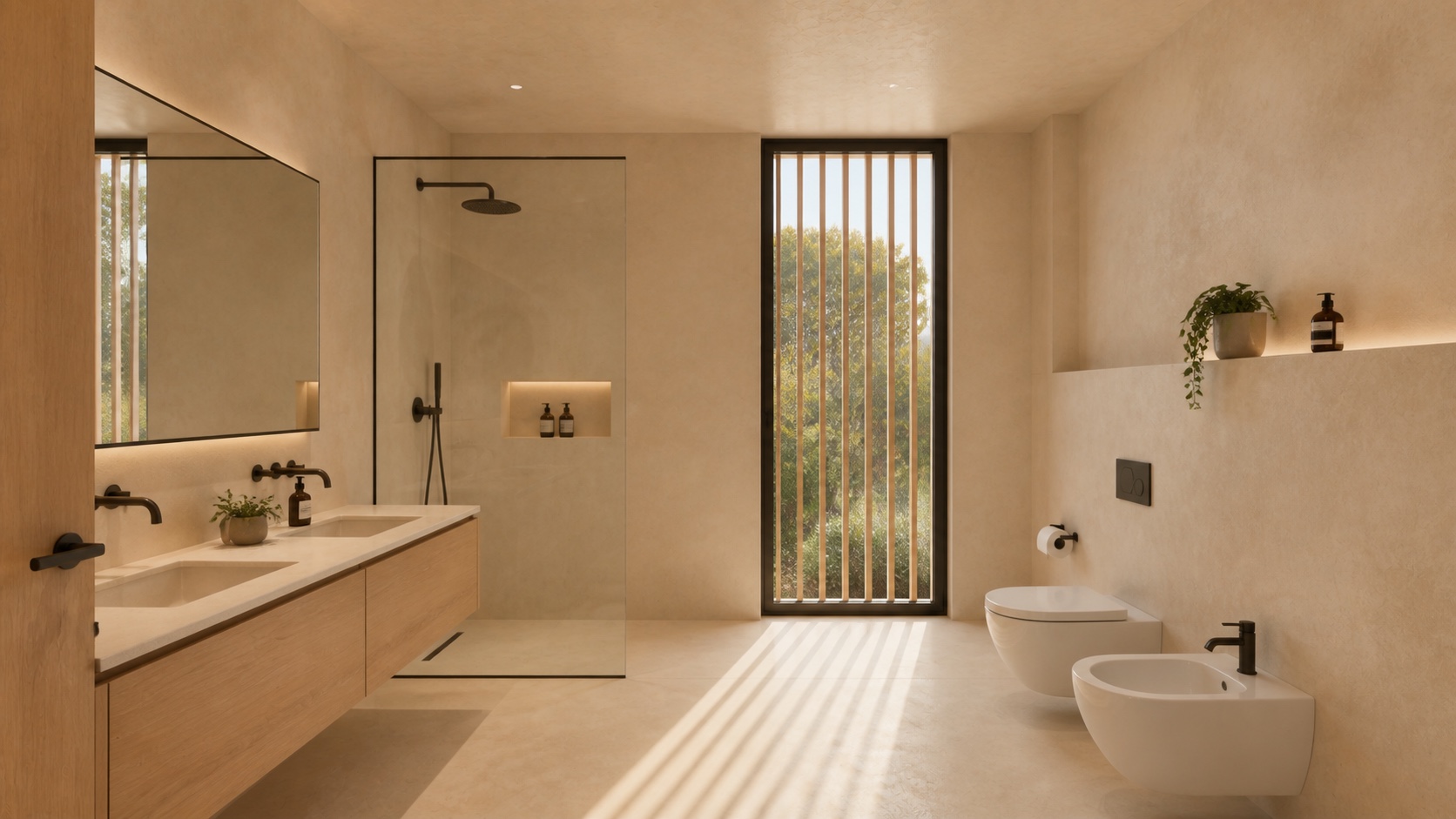 Bagno principale di Villa Trama Grande con finestra schermata in legno