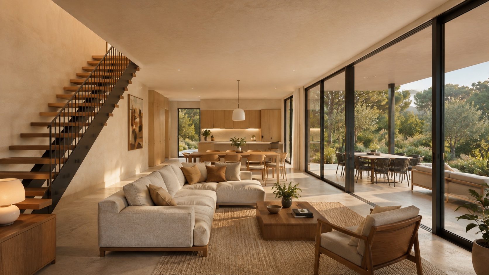 Living di Villa Trama Grande con scala aperta e affaccio sulla terrazza coperta