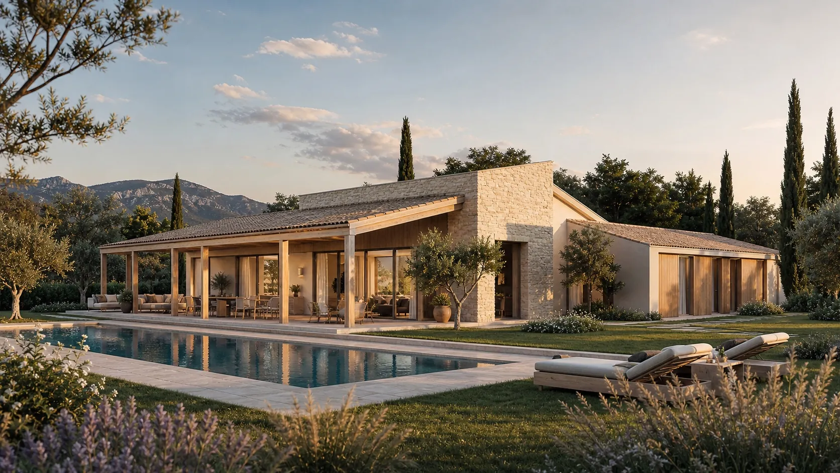 Villa Corte Serena, vista al tramonto con piscina tra gli ulivi