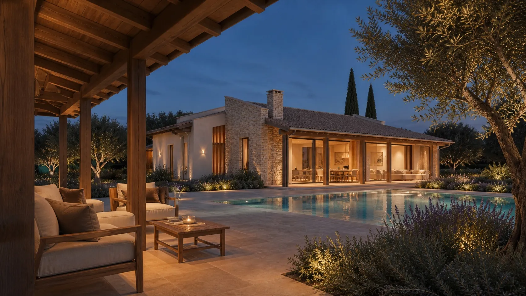 Villa Corte Serena, portico e piscina all'ora blu