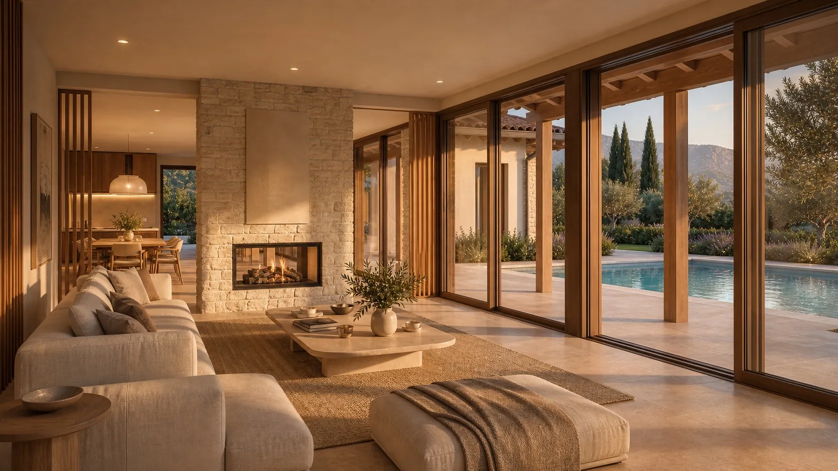Living open space di Villa Corte Serena con vista sulla piscina