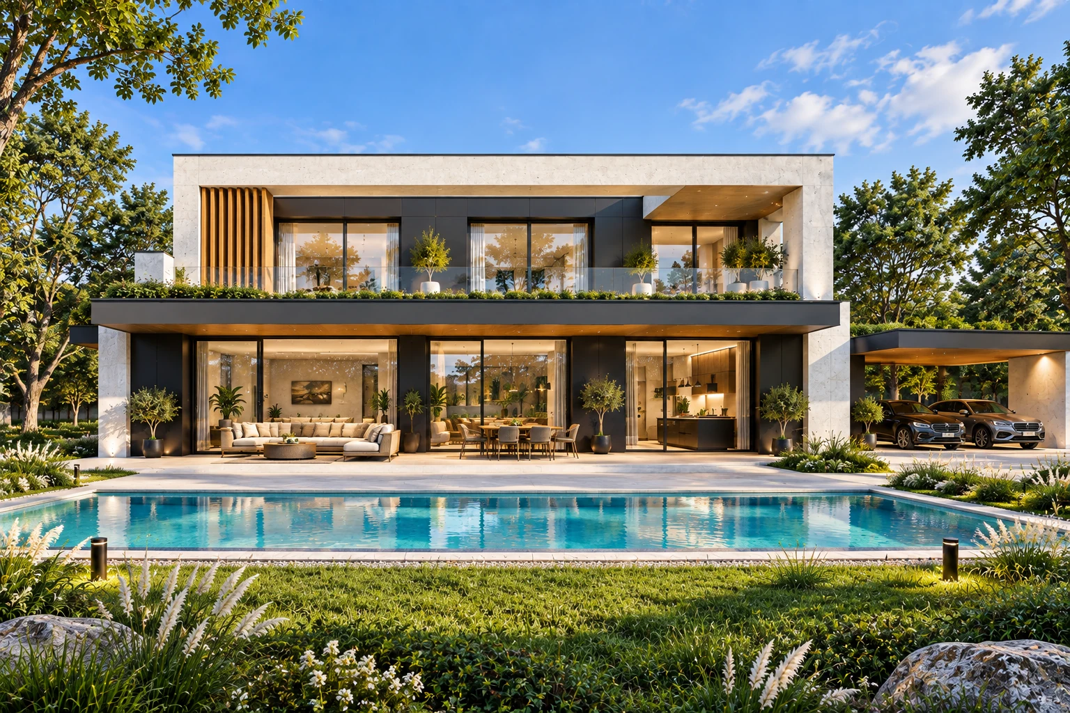 Progetto di villa contemporanea con grandi vetrate, legno e giardino