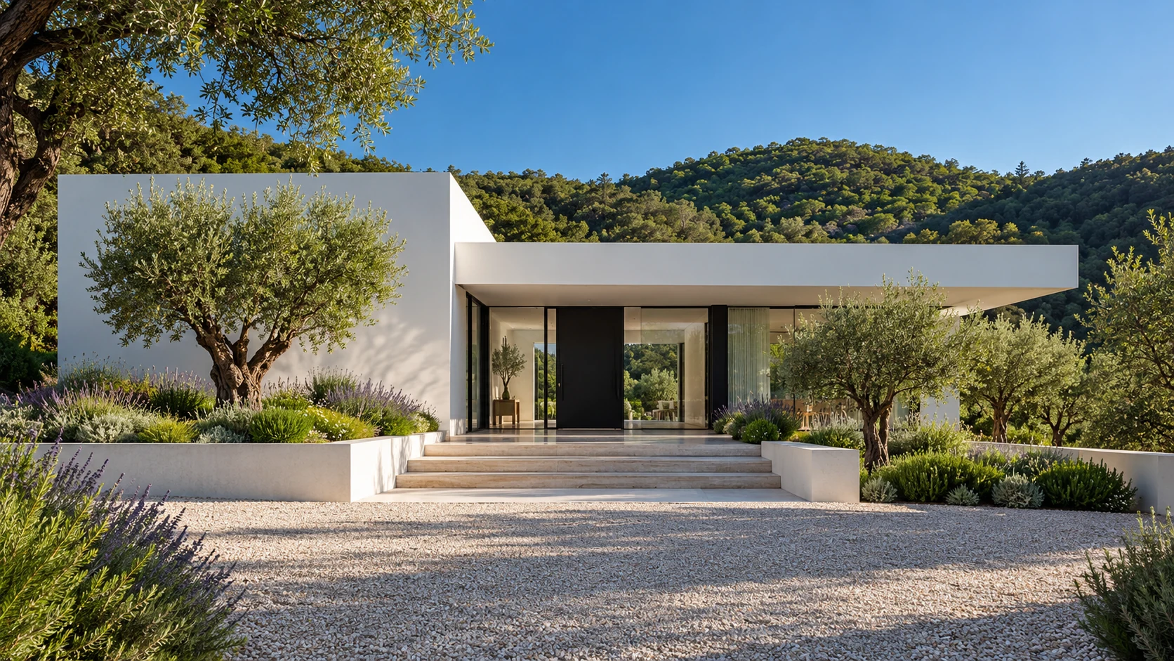 Ingresso della villa con gradini ampi e ulivi
